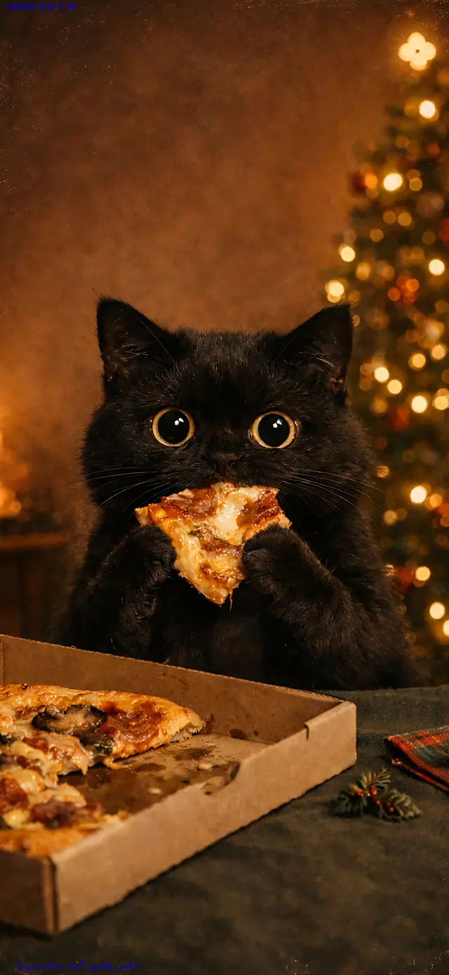 عکس والپیپر گربه سیاه و پیتزا